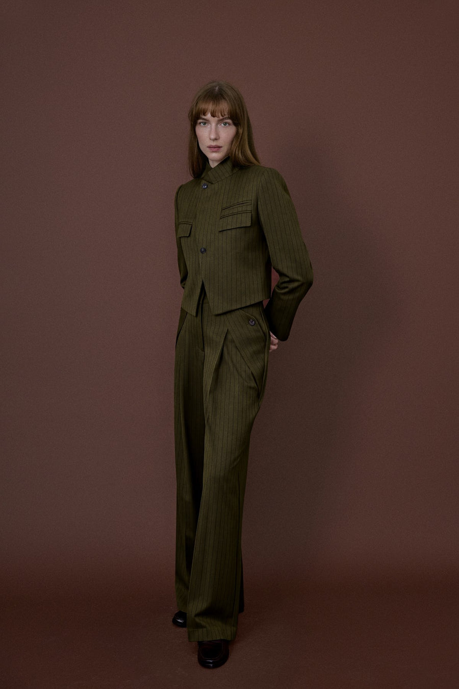 Stand Collar Padded Striped Lined  Blazer