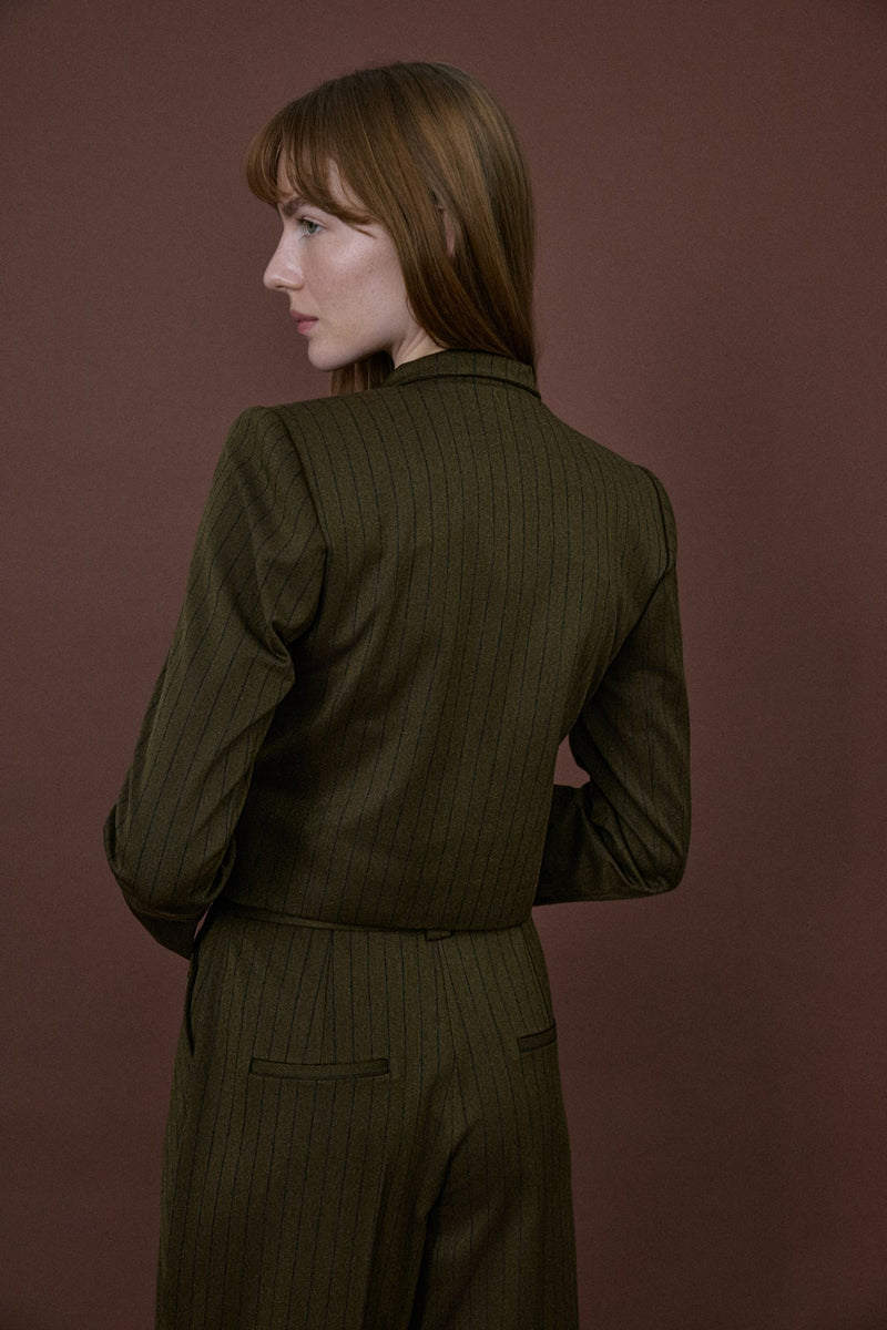 Stand Collar Padded Striped Lined  Blazer