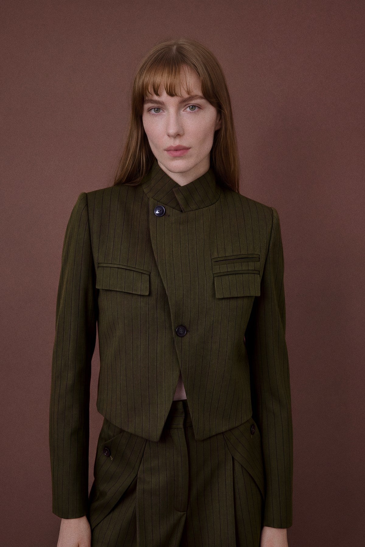 Stand Collar Padded Striped Lined  Blazer