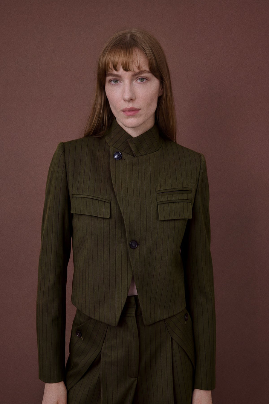 Stand Collar Padded Striped Lined  Blazer