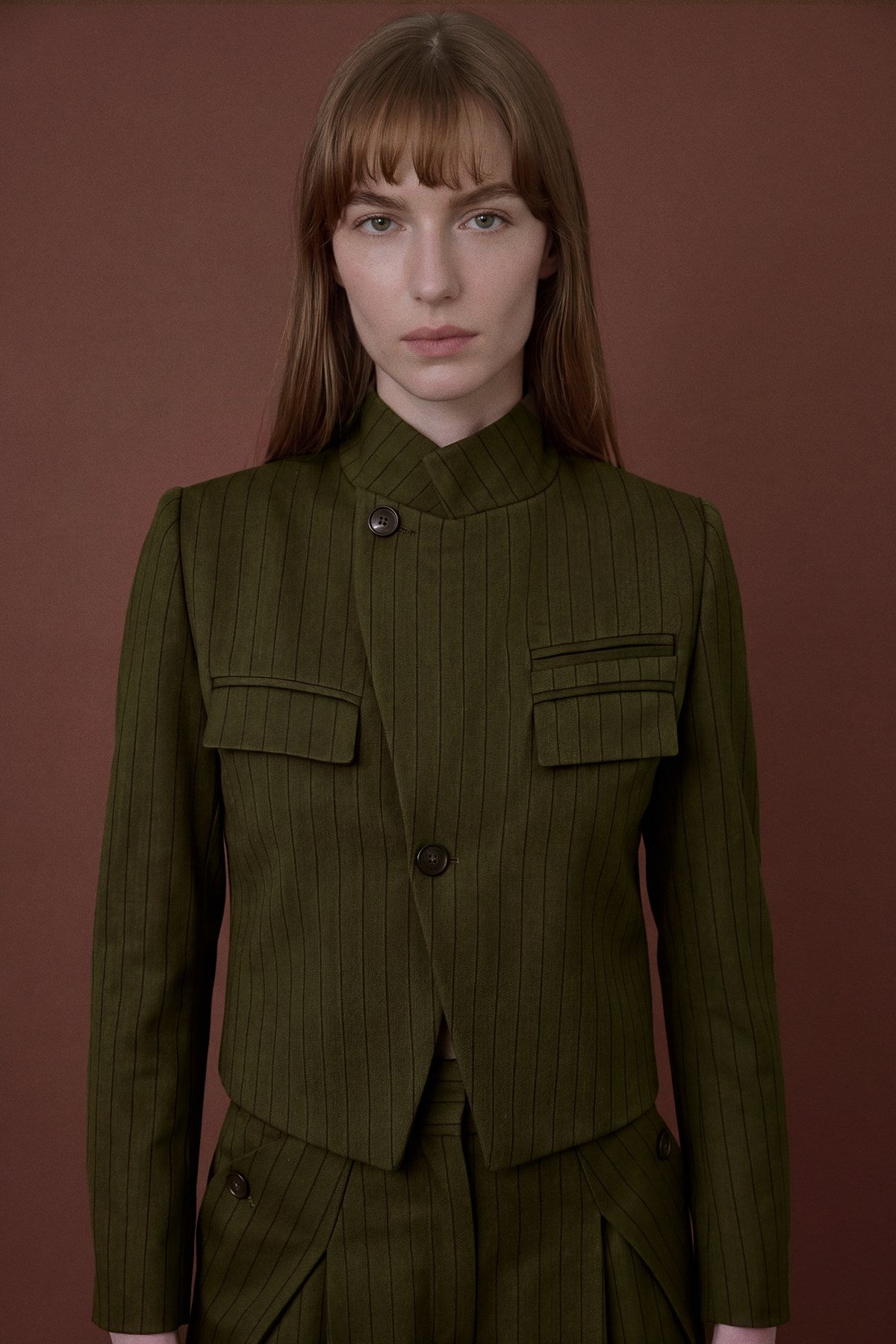 Stand Collar Padded Striped Lined  Blazer