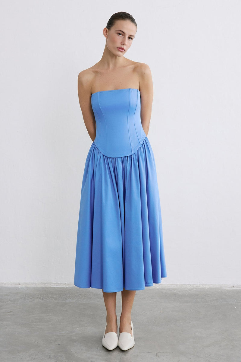 Strapless Boned Midi Poplin  Dress