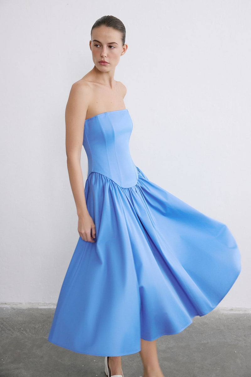 Strapless Boned Midi Poplin  Dress