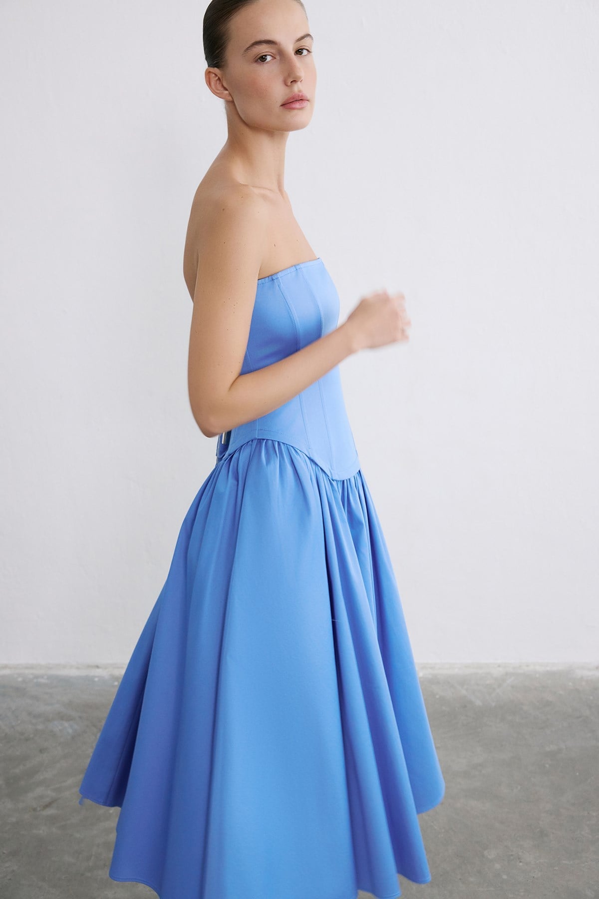 Strapless Boned Midi Poplin  Dress