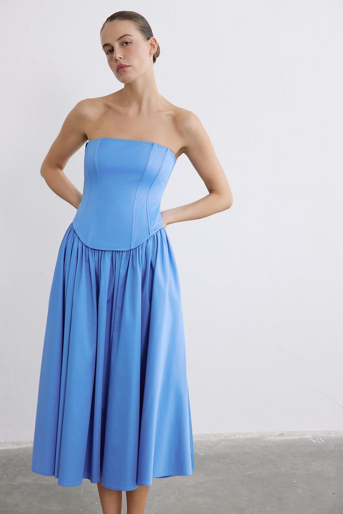 Strapless Boned Midi Poplin  Dress