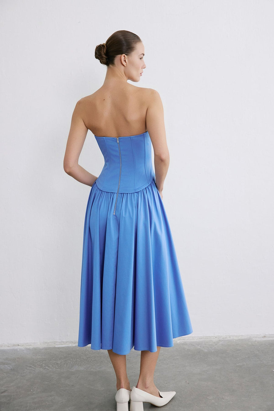 Strapless Boned Midi Poplin  Dress