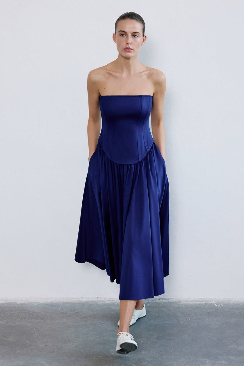 Strapless Boned Midi Poplin  Dress