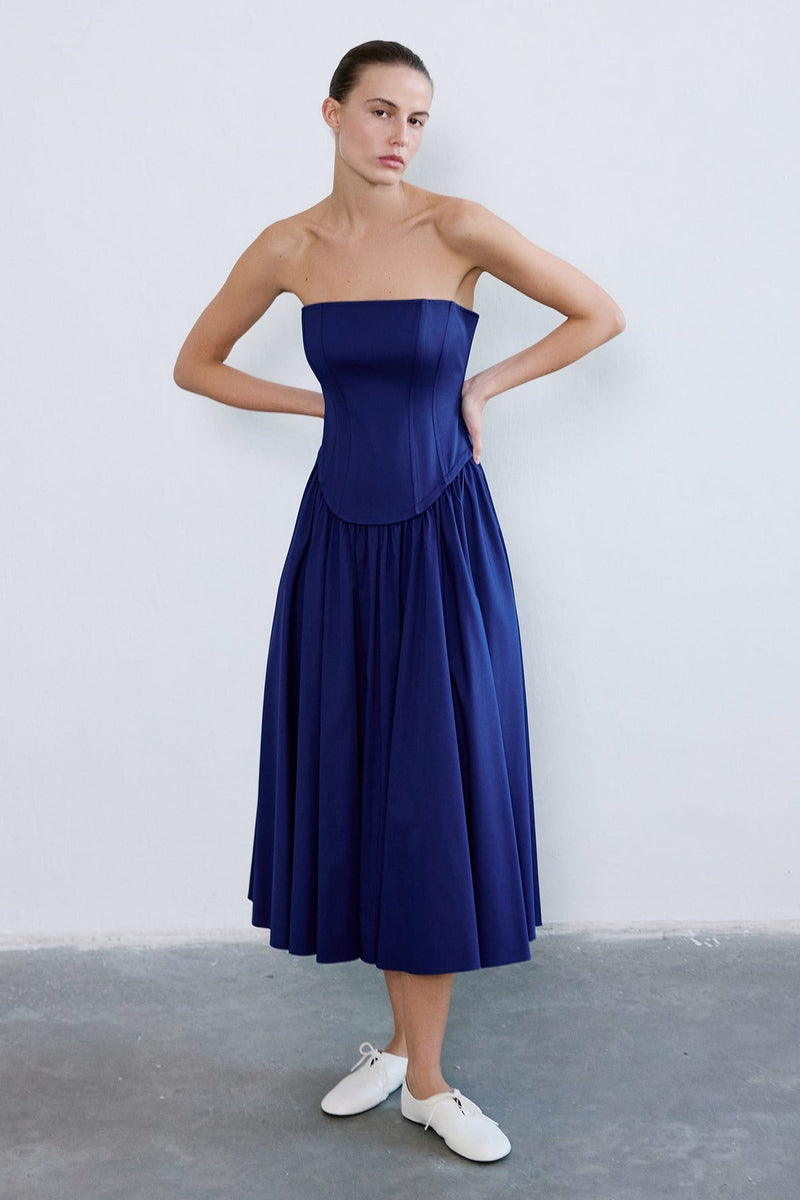 Strapless Boned Midi Poplin  Dress