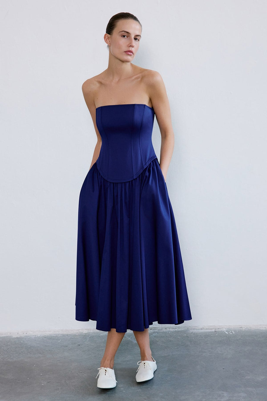 Strapless Boned Midi Poplin  Dress