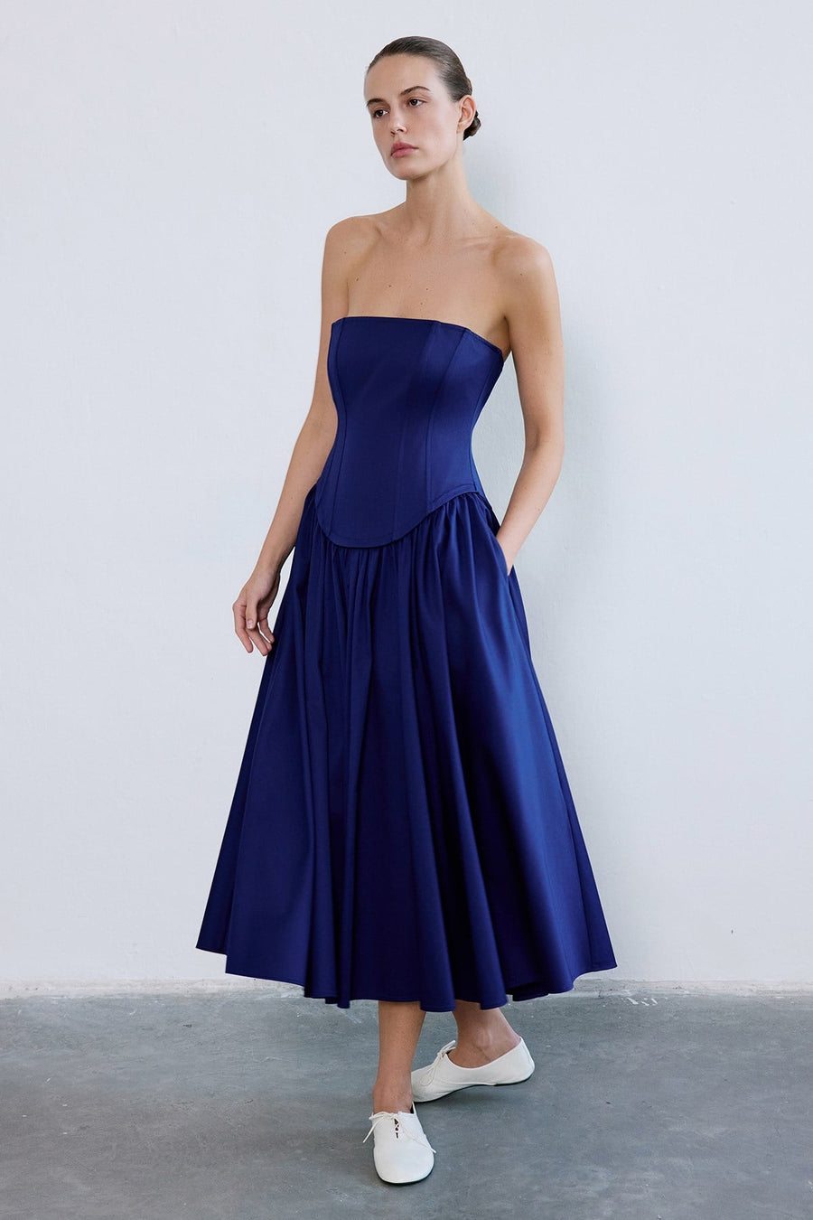 Strapless Boned Midi Poplin  Dress