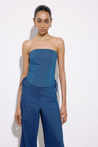 Strapless Denim Textured Crop Blue Bustier