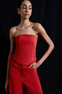 Red Strapless Denim Textured Crop Coral Bustier