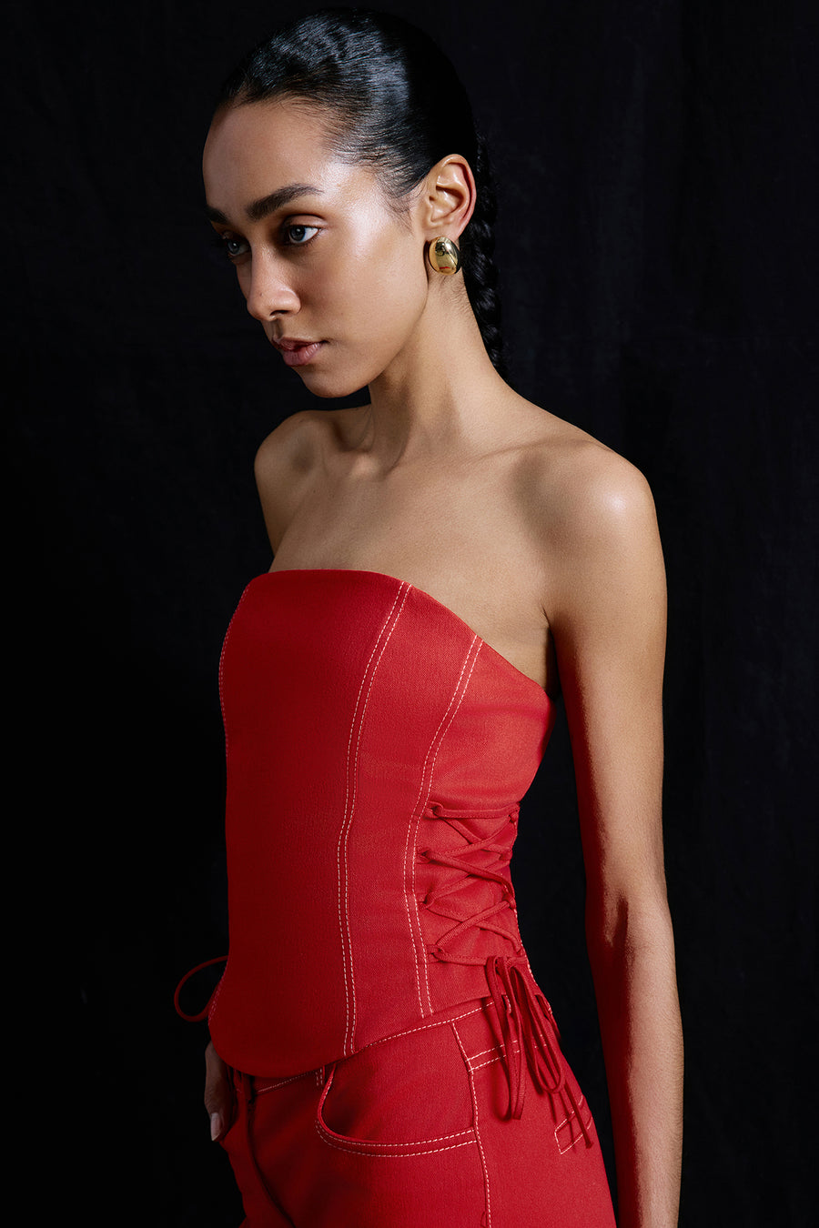 Strapless Denim Textured Crop Coral Bustier