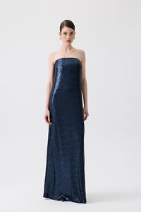 Navy Strapless Long Orange Sequin Dress