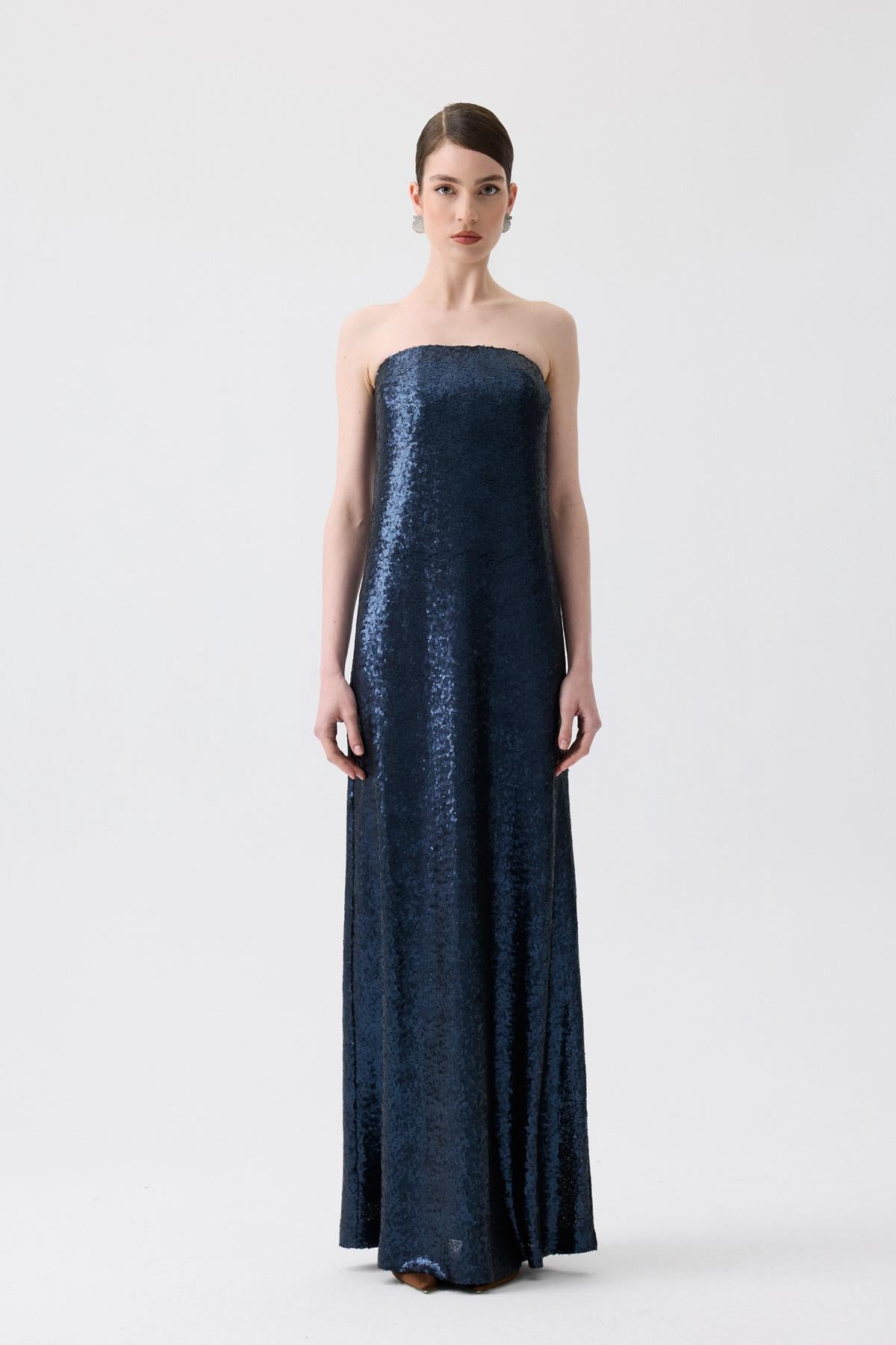 Strapless Long Orange Sequin Dress