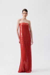 Oranj Strapless Long Orange Sequin Dress