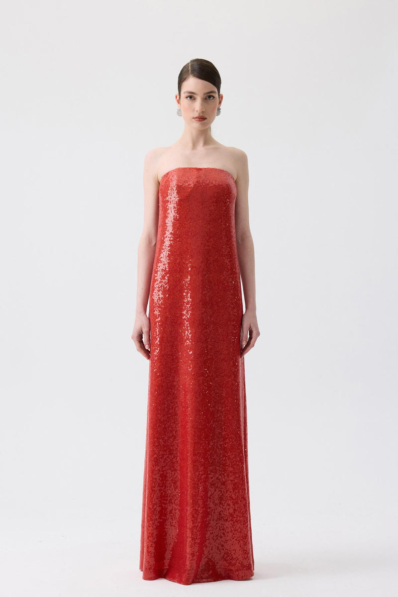 Strapless Long Orange Sequin Dress