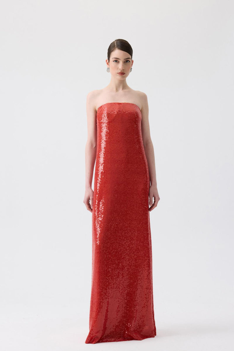 Strapless Long Orange Sequin Dress