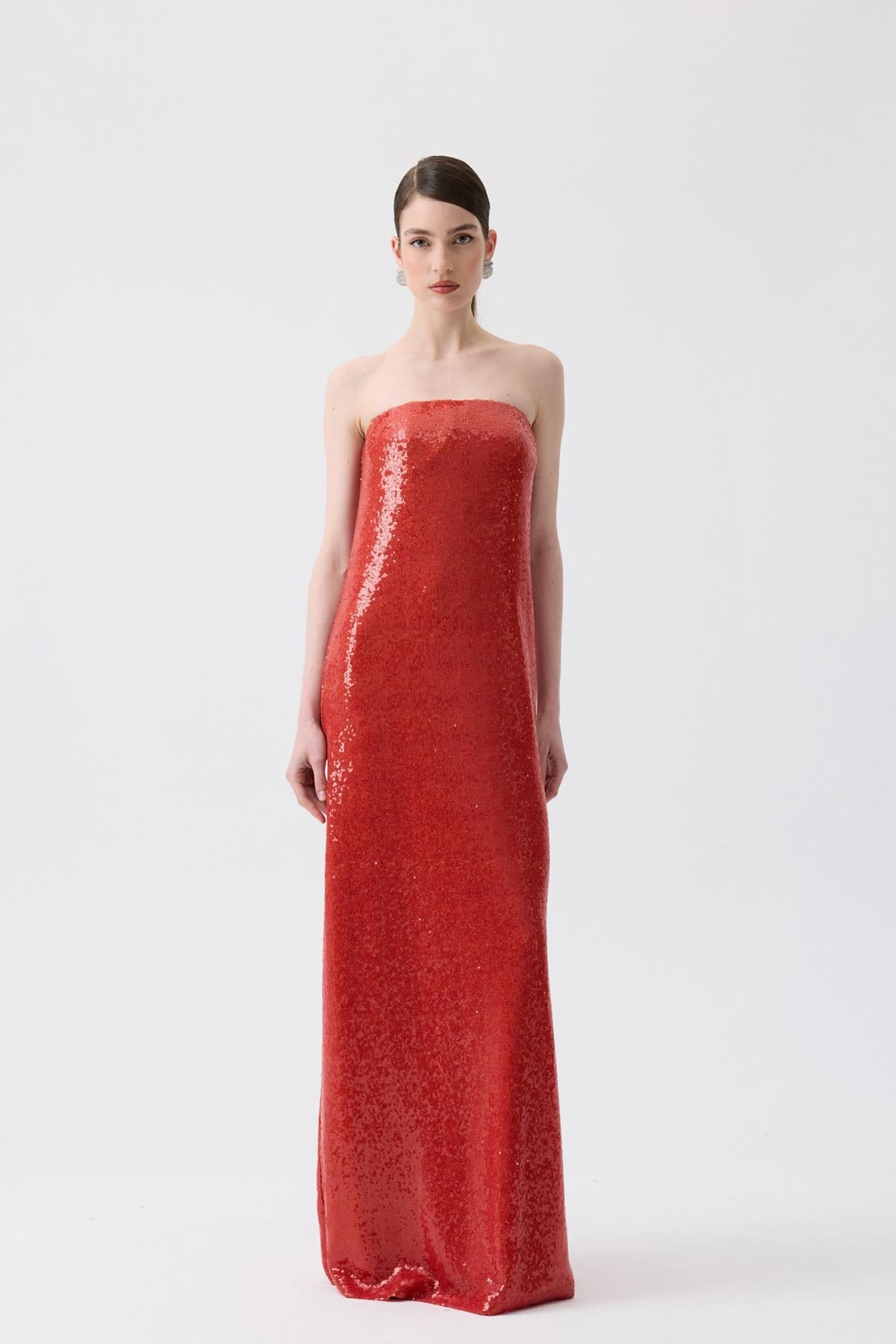 Strapless Long Orange Sequin Dress