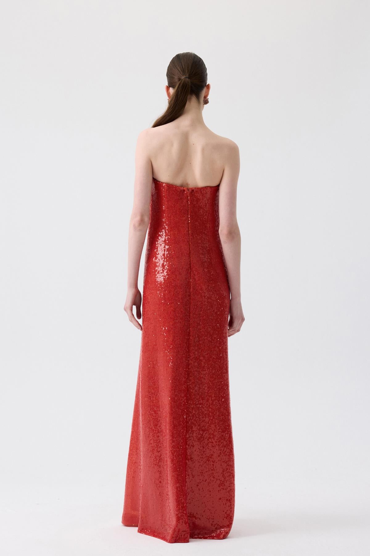 Strapless Long Orange Sequin Dress