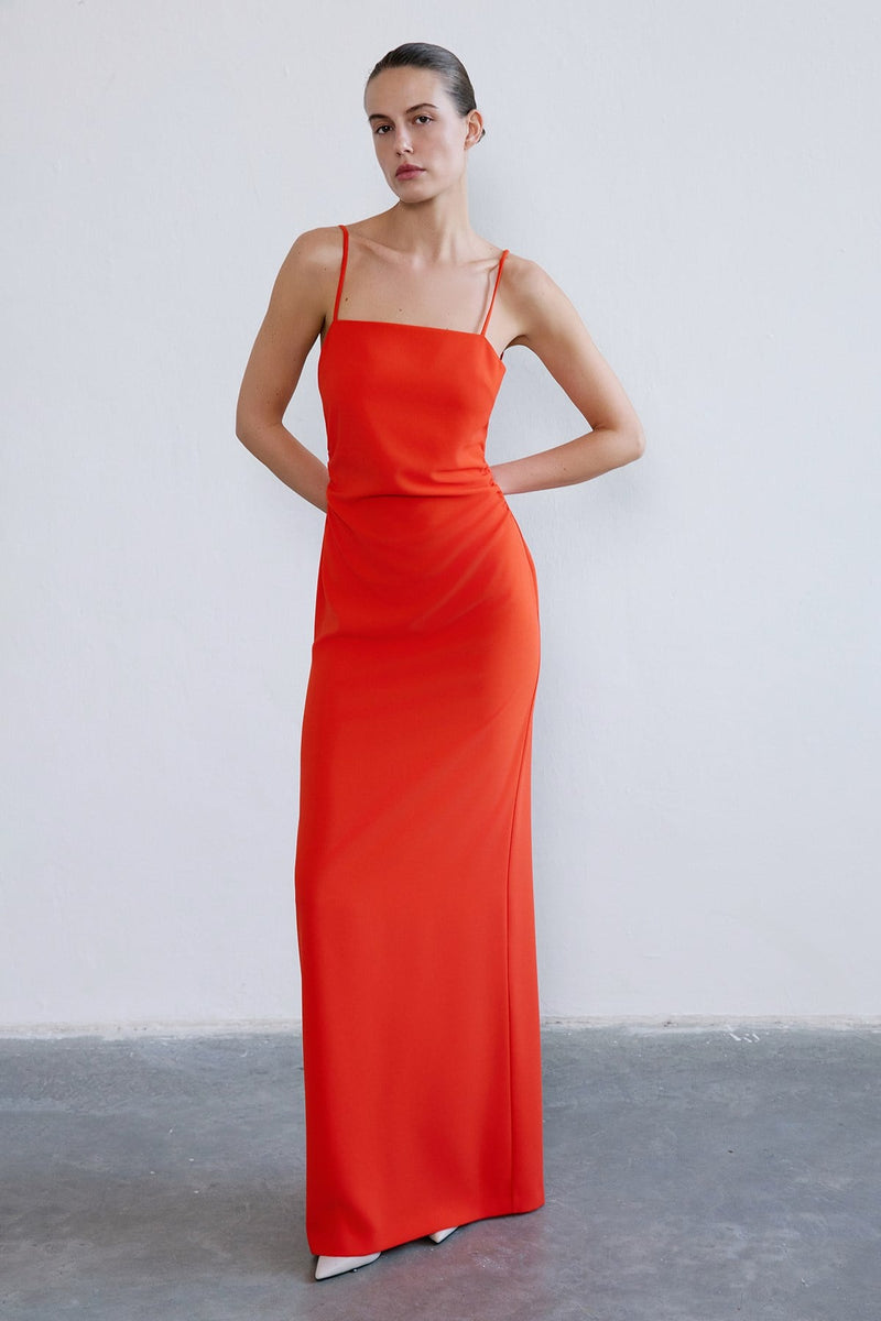 Strapless Slit Long Coral Dress