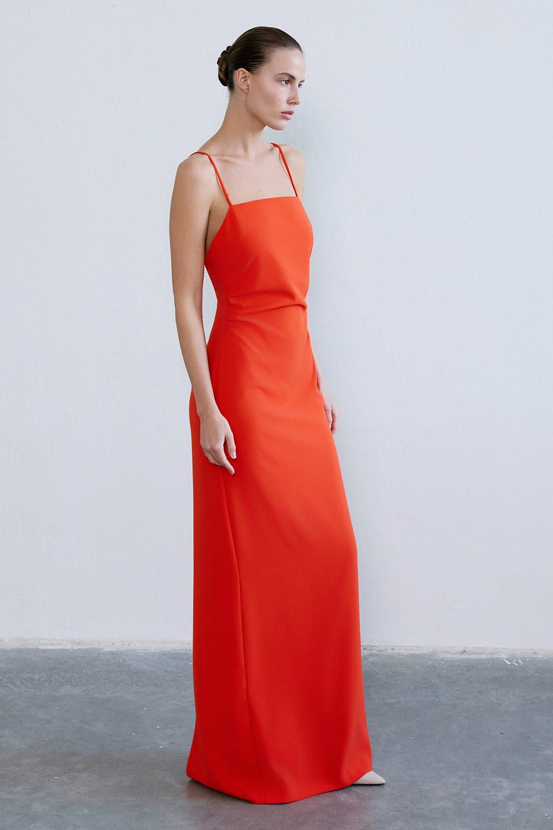 Strapless Slit Long Coral Dress
