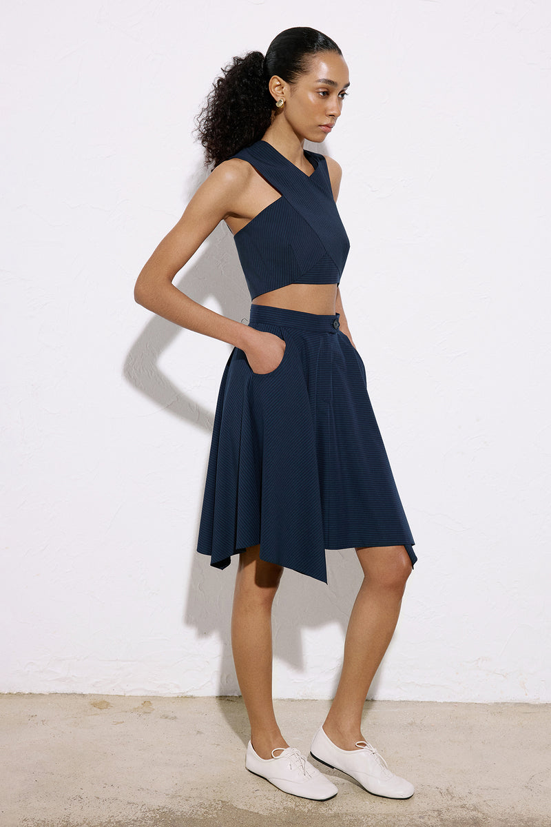 Striped Asymmetric High Waist  Blue Skirt