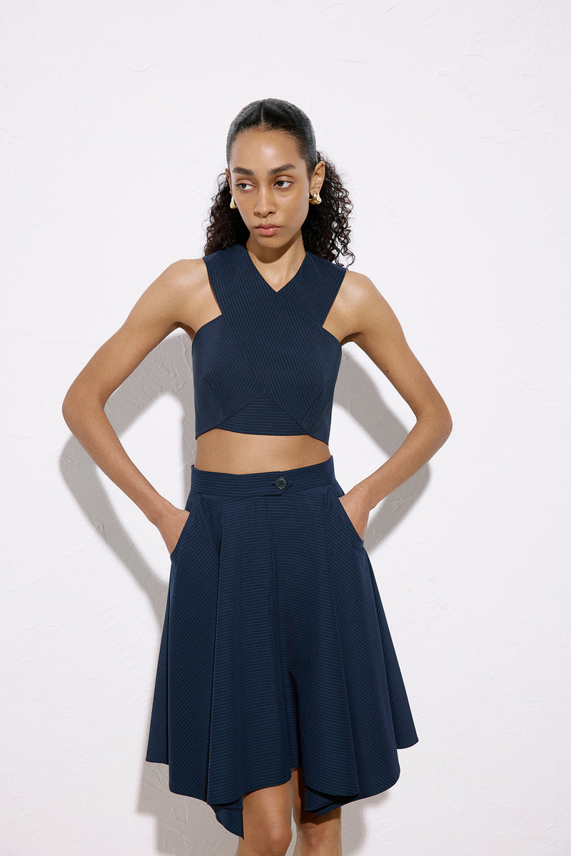Striped Asymmetric High Waist  Blue Skirt