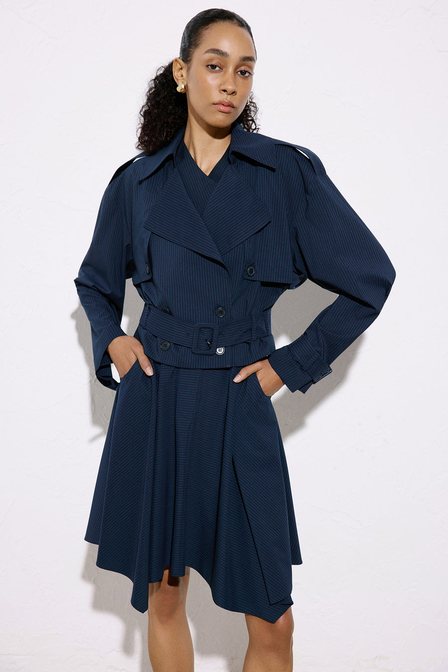Striped Asymmetric High Waist  Blue Skirt