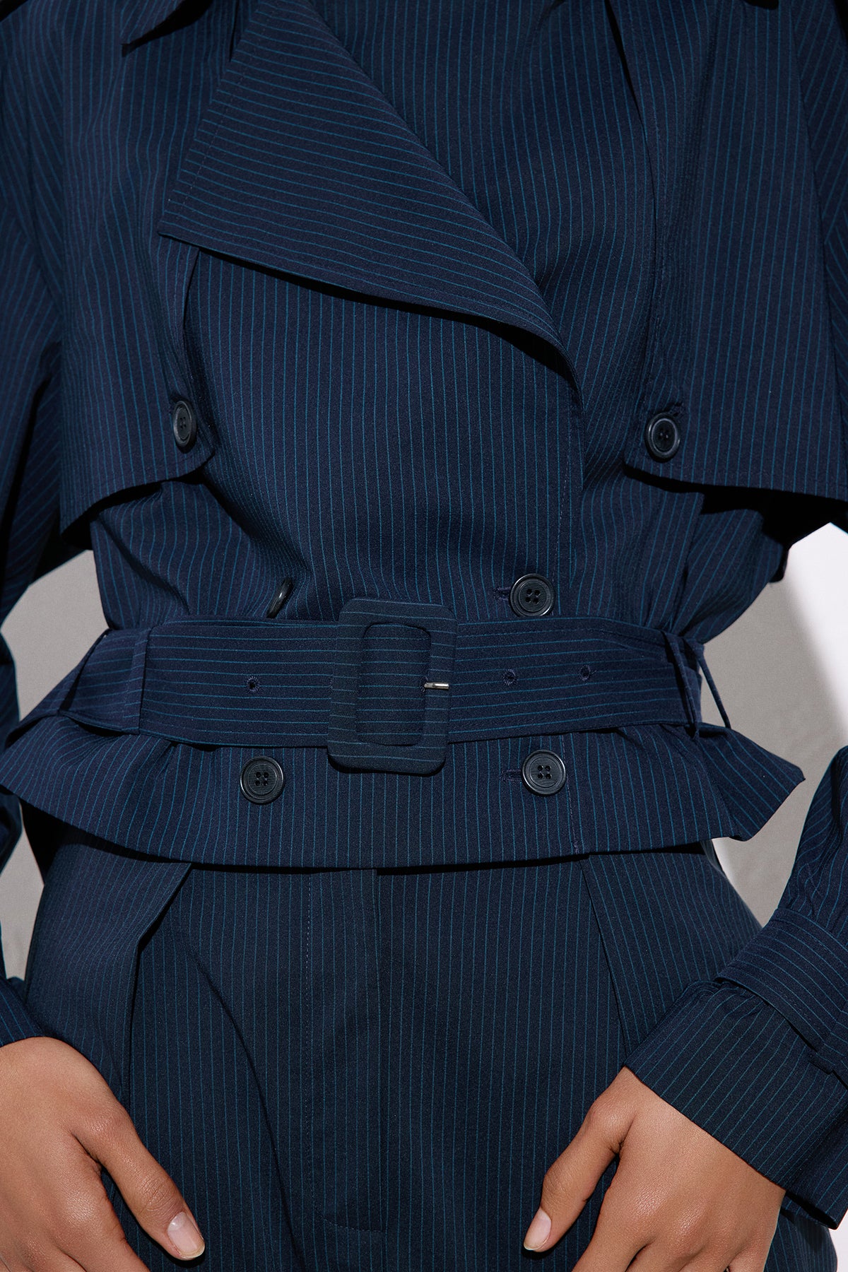 Striped Belt Detailed  Blue Crop Trench Coat