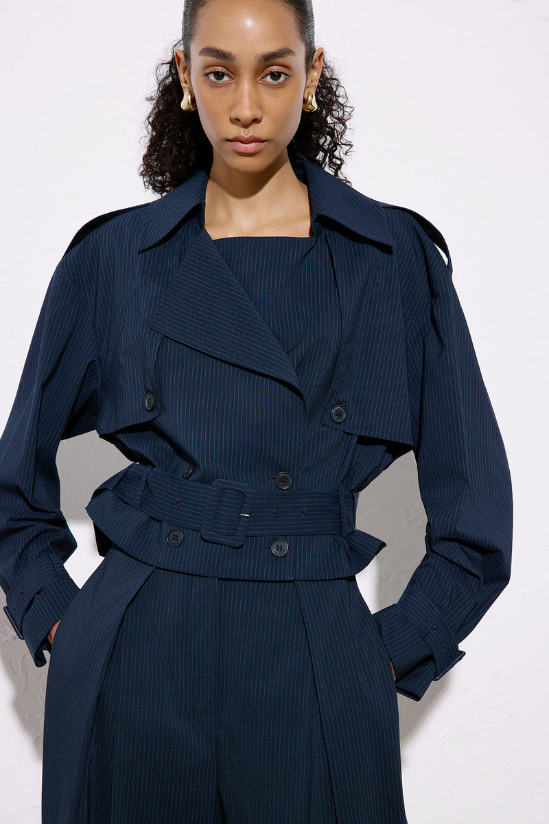 Striped Belt Detailed  Blue Crop Trench Coat