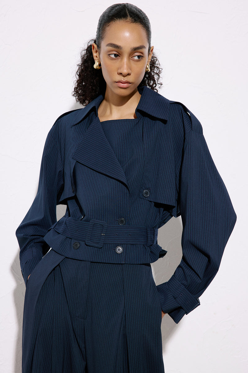 Striped Belt Detailed  Blue Crop Trench Coat