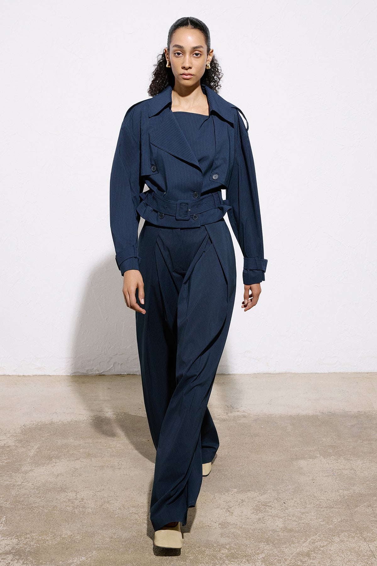 Striped Belt Detailed  Blue Crop Trench Coat