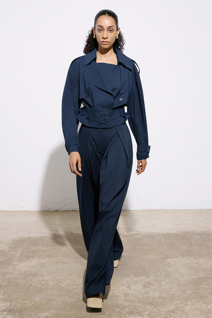 Striped Belt Detailed  Blue Crop Trench Coat
