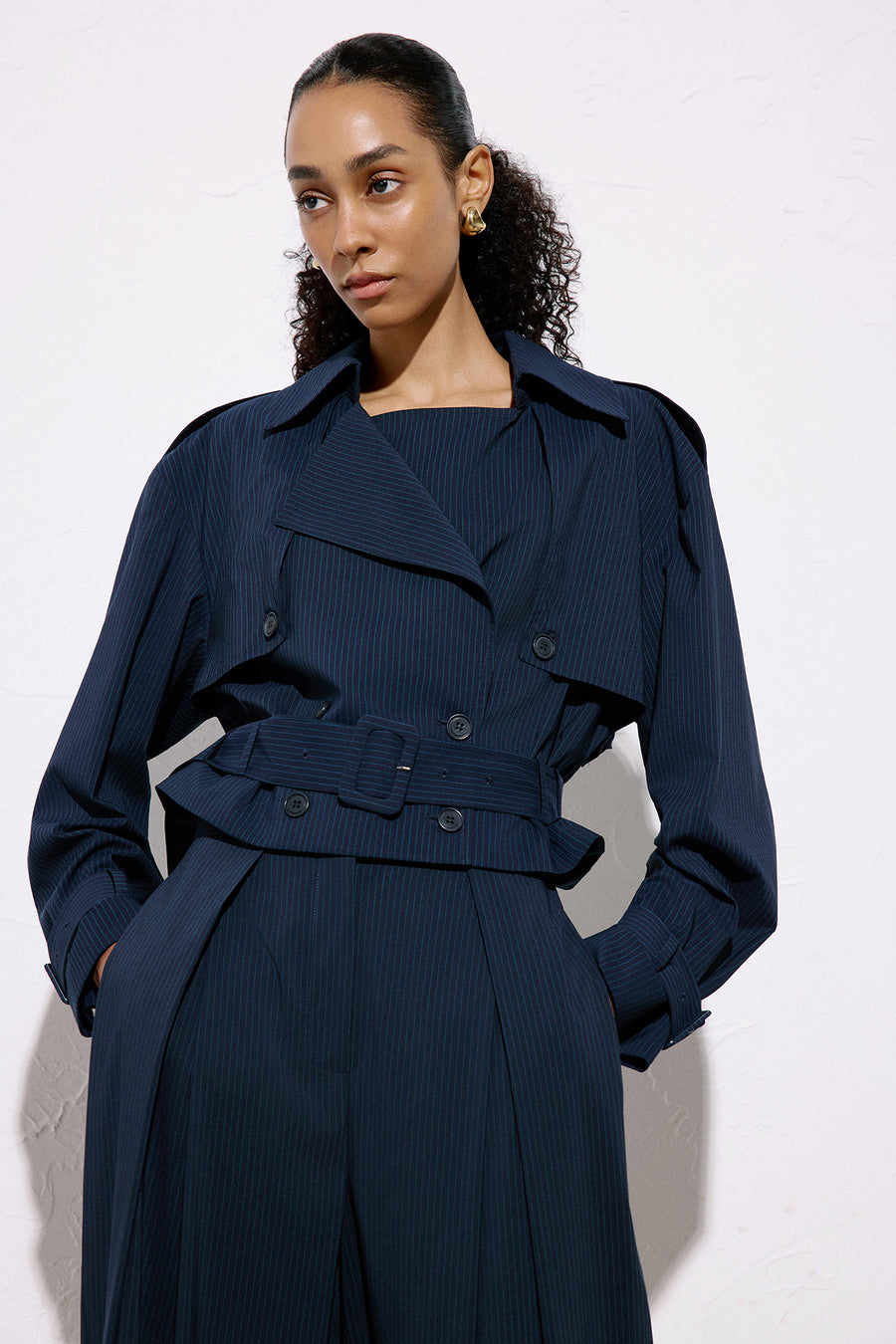 Striped Belt Detailed  Blue Crop Trench Coat