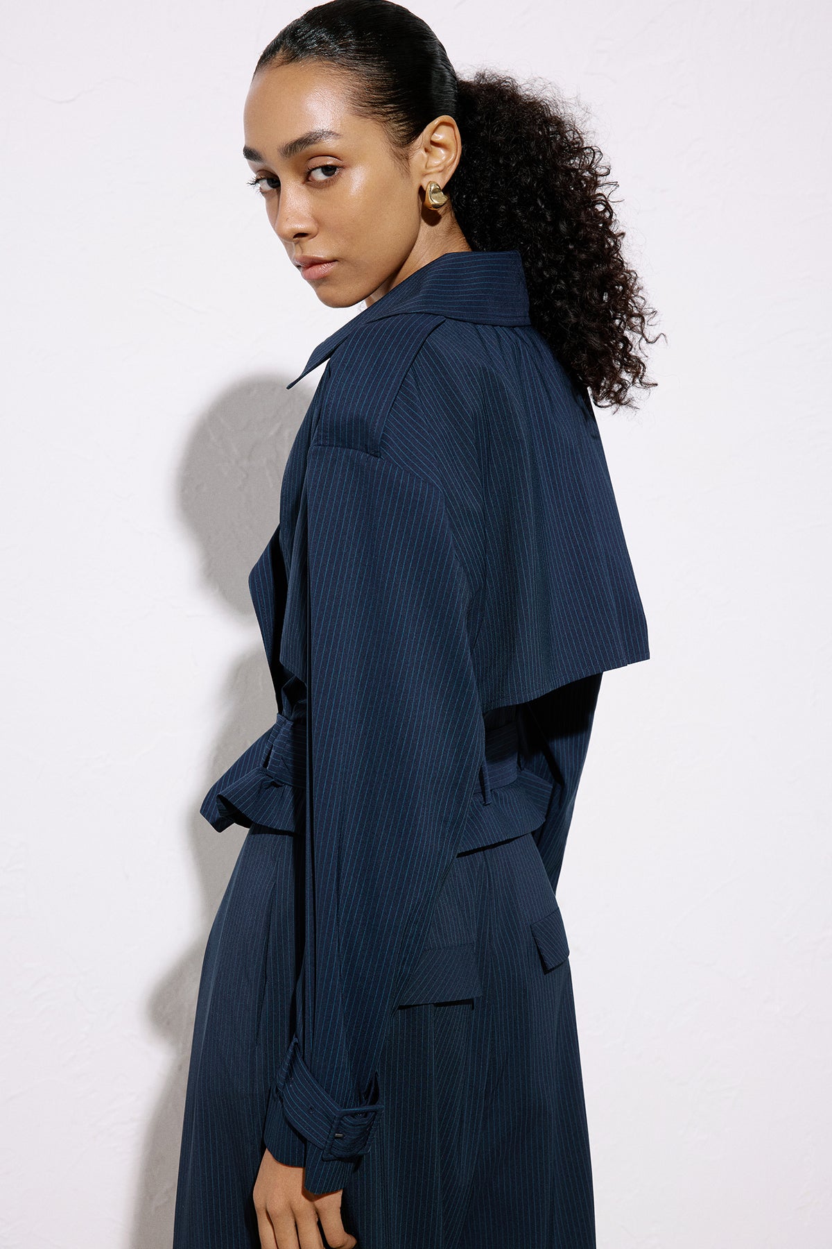 Striped Belt Detailed  Blue Crop Trench Coat