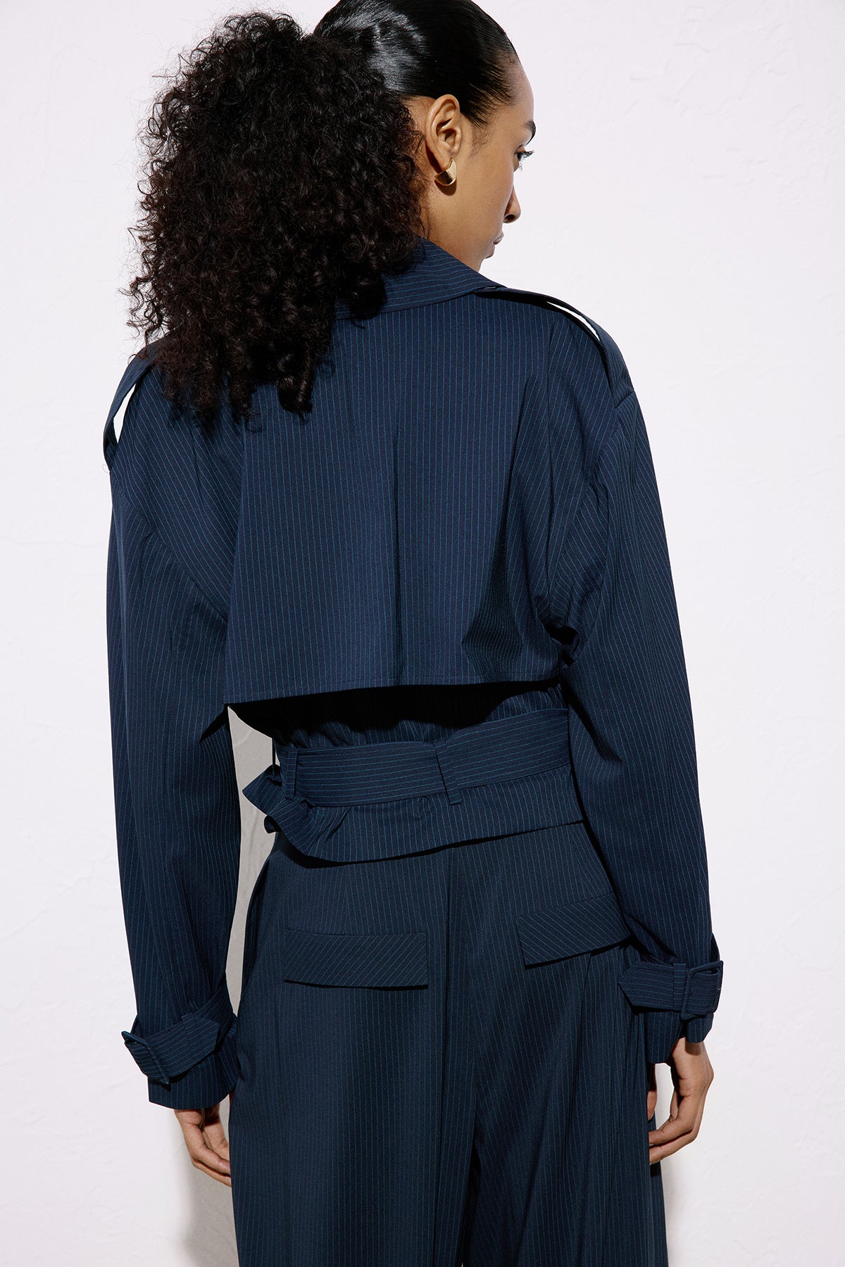 Striped Belt Detailed  Blue Crop Trench Coat