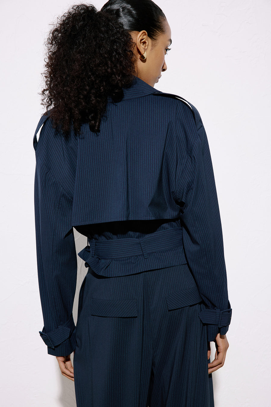 Striped Belt Detailed  Blue Crop Trench Coat