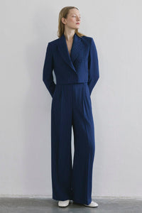 Navy Striped High Waist Wide Leg Trousers
