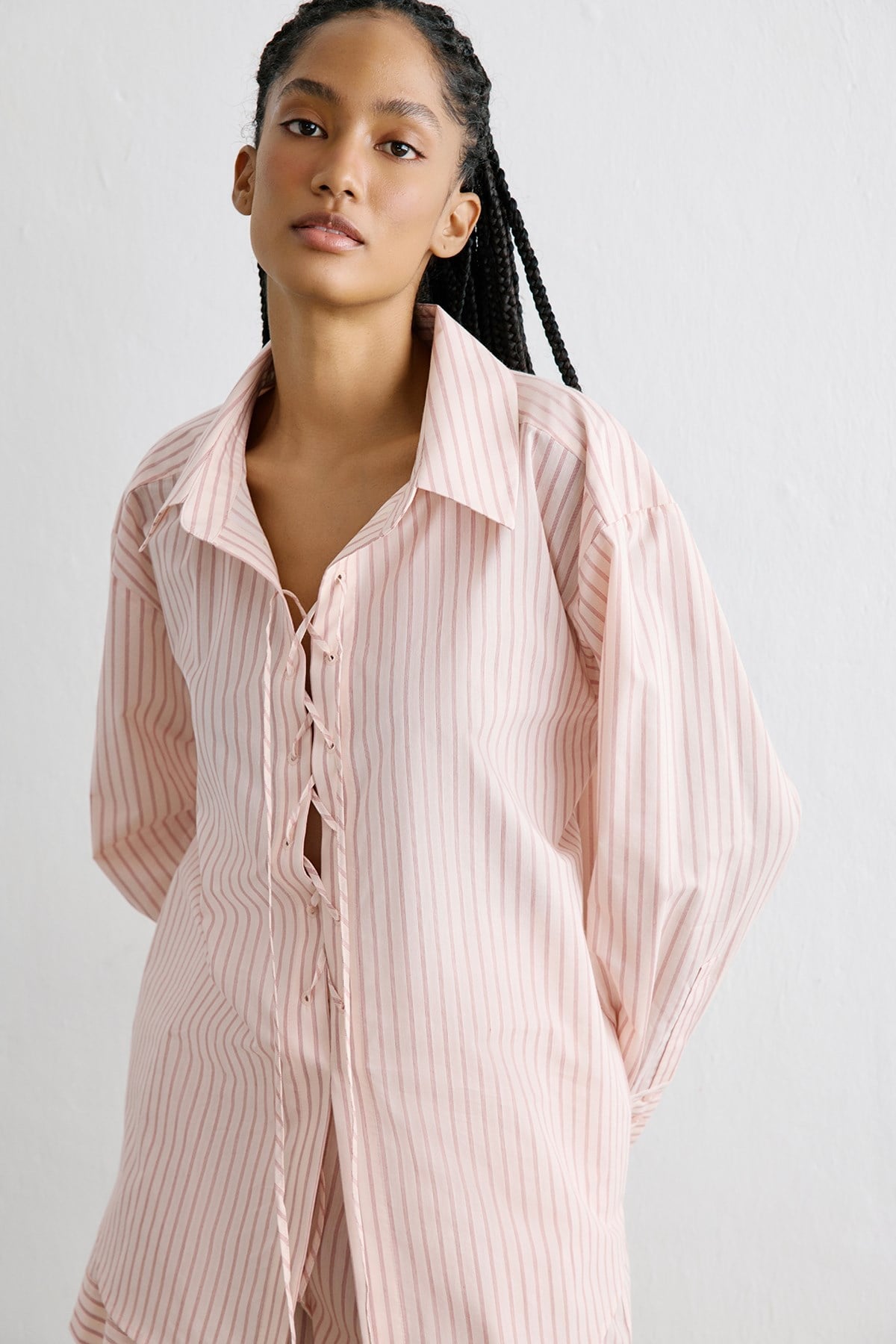 Striped Lace Up Detailed Powder Tunic Shirt