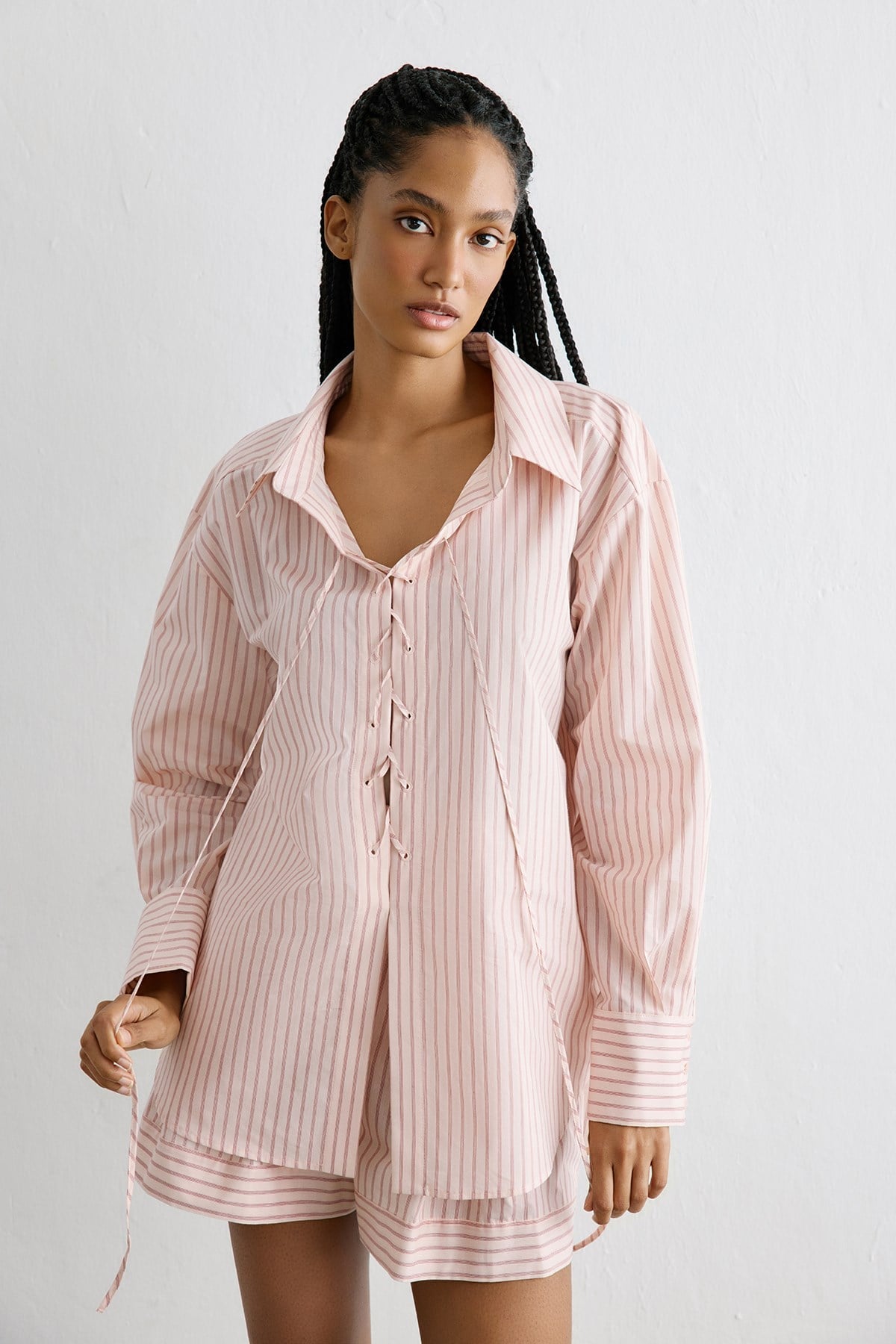 Striped Lace Up Detailed Powder Tunic Shirt