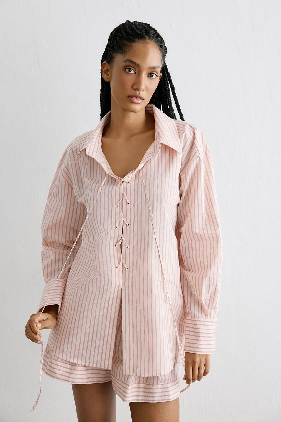 Striped Lace Up Detailed Powder Tunic Shirt