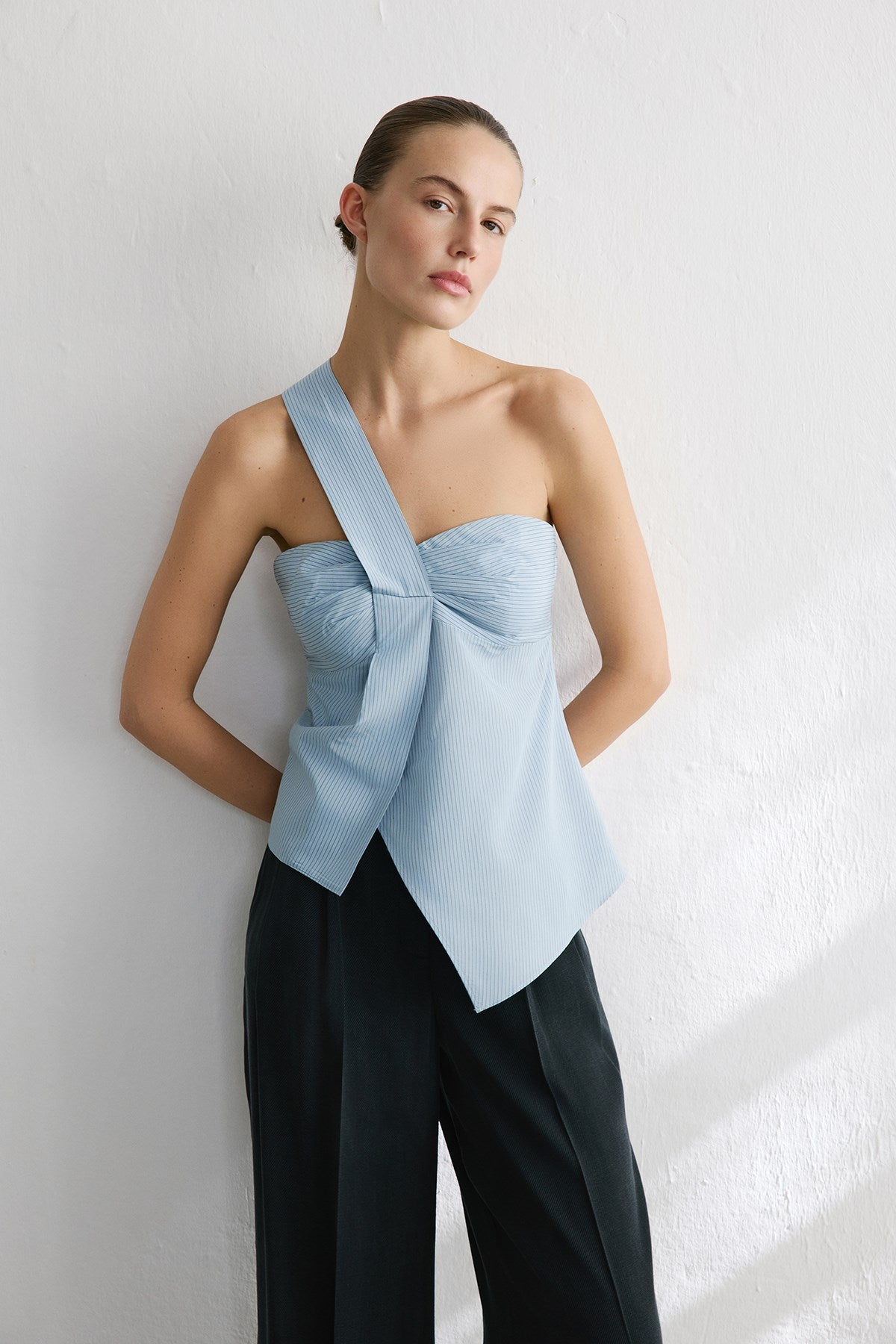 Striped One Shoulder Asymmetric  Blouse