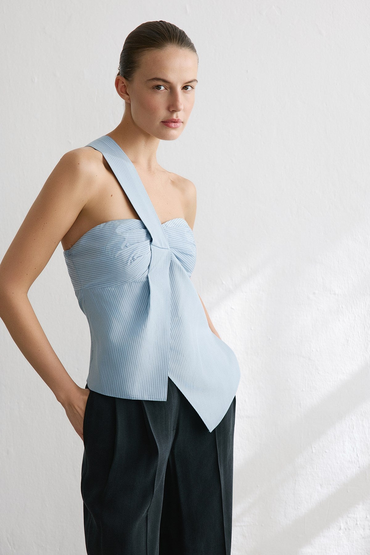 Striped One Shoulder Asymmetric  Blouse