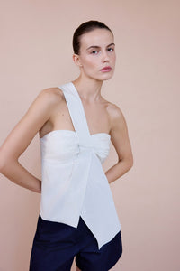 Ecru Striped One Shoulder Asymmetric  Blouse
