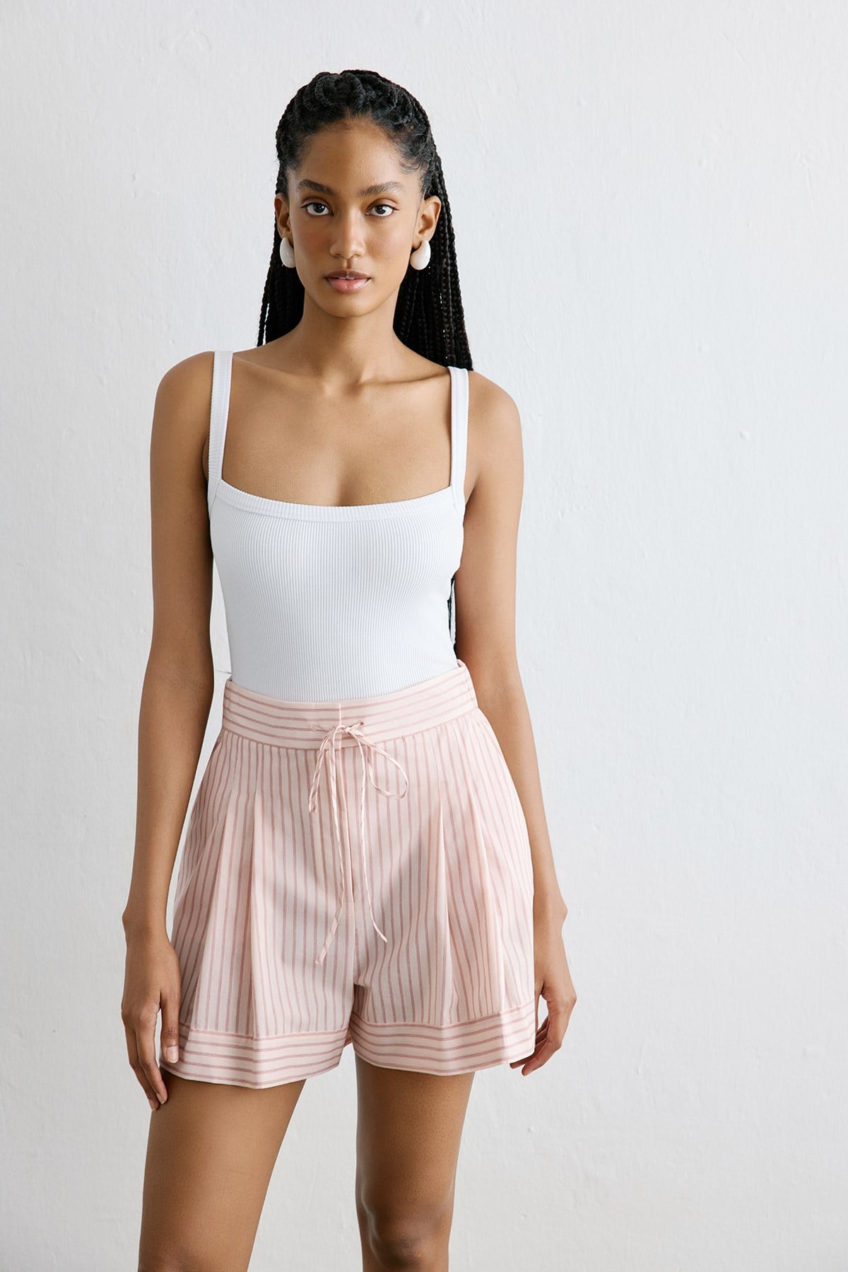 Striped Pleated Wide Leg Powder Shorts