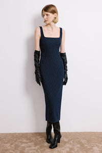 Navy Striped Sleeveless  Midi Dress