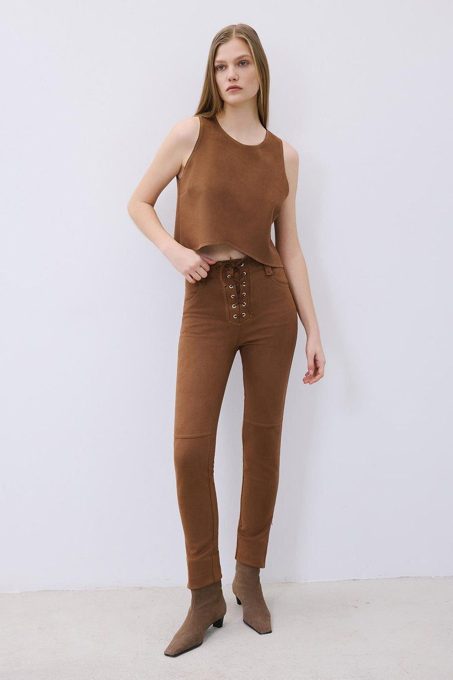 Suede Crop Blouse with Contrast Stitch