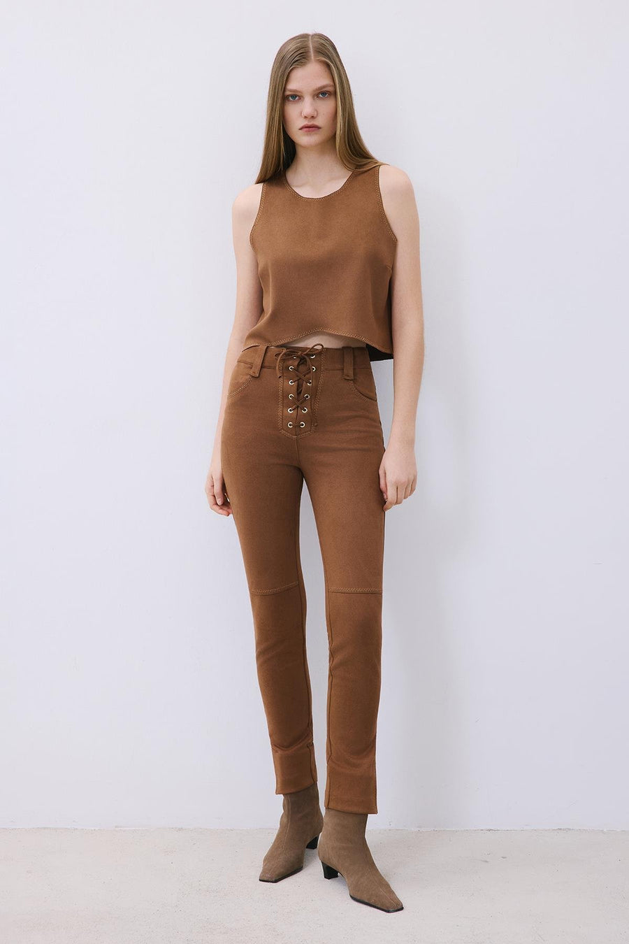 Suede Crop Blouse with Contrast Stitch