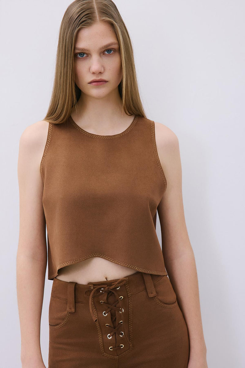 Suede Crop Blouse with Contrast Stitch